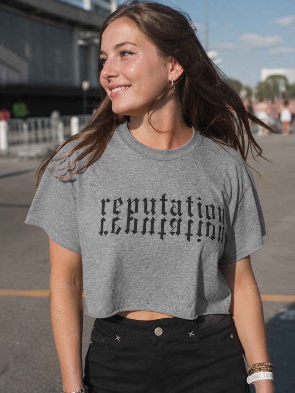 Taylor Swift Reputation Logo Crop Tee Grey Raw Hem Merch Small